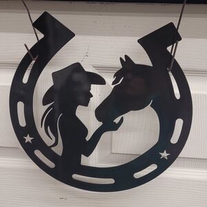 A Cowgirl With Her Horse, Plasma Cut Steel, Painted Black